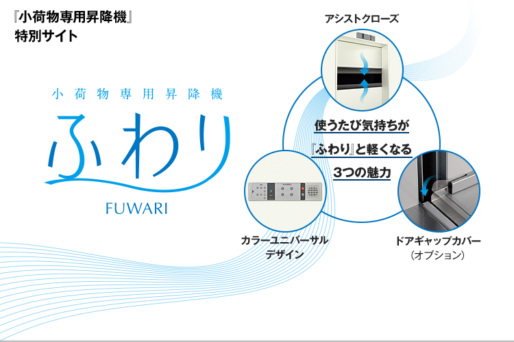 小荷物専用昇降機『ふわり』 アシストクローズ、カラーユニバーサルデザイン、ドアギャップカバー（オプション）
